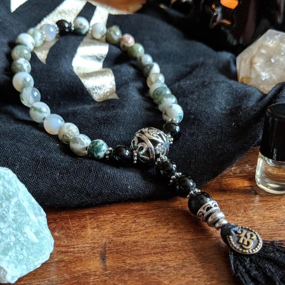 Mala Bracelet: Moss Agate & Obsidian!